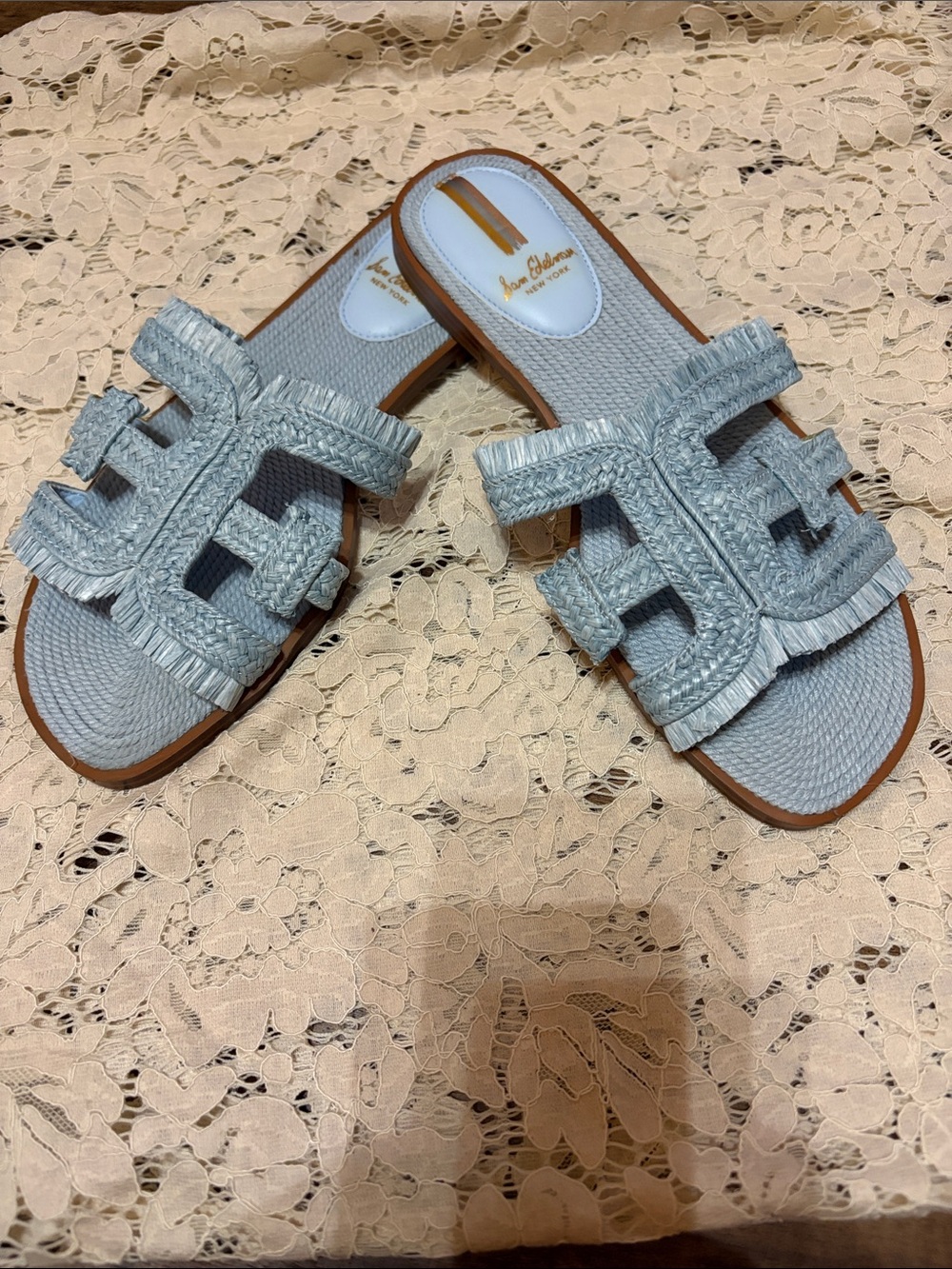 Sam Edelman Light Blue Raffia Fringe Slide Sandals